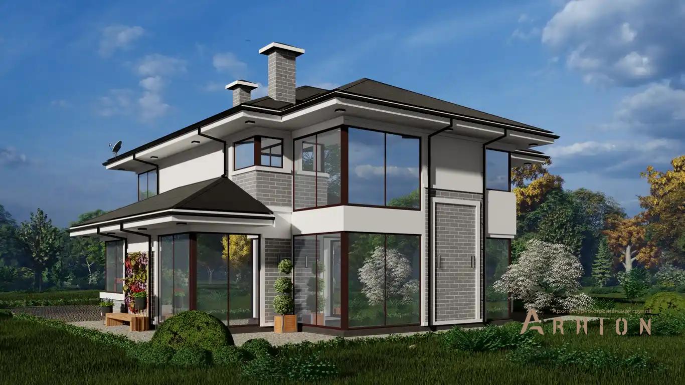 4. Проект двухэтажного дома в современном стиле с многоскатной кровлей, h-1624, площадью - 261 кв c гаражом, вторым светом